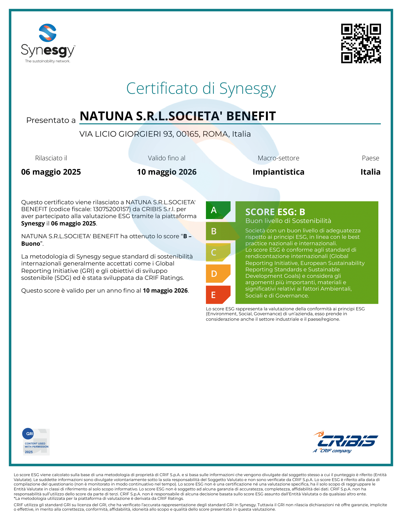 Certificato di Sostenibilità ESG