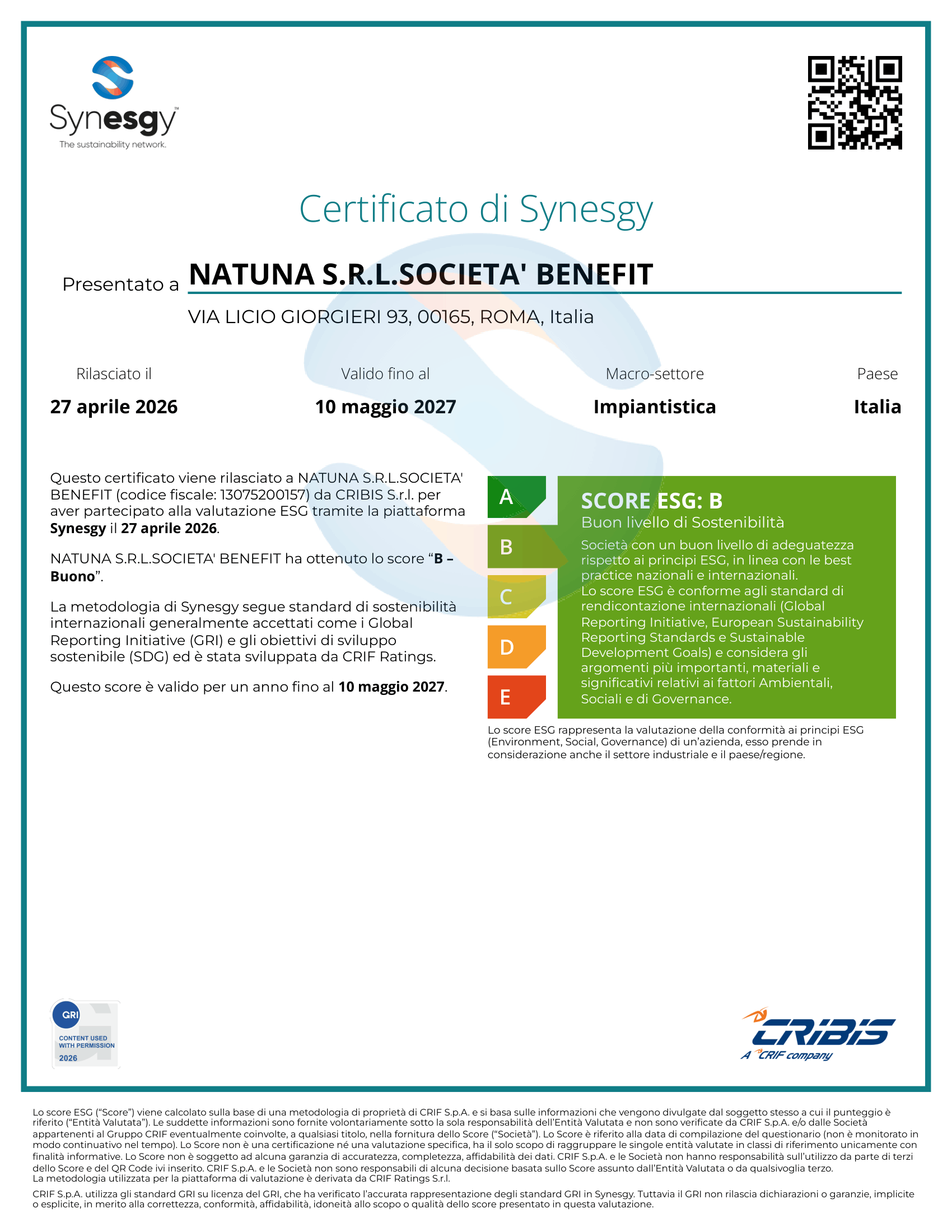 Certificato di Sostenibilità ESG